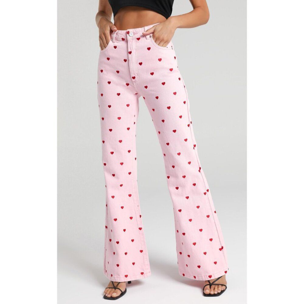 Abrand x Dyspnea Double Oh Flare Jeans Pink Heart NWT Size 26 Feminine
